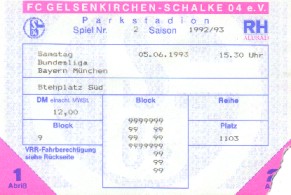 Karte vom Spiel Schalke - FC Bayern am 05.06.1993 (3:3)